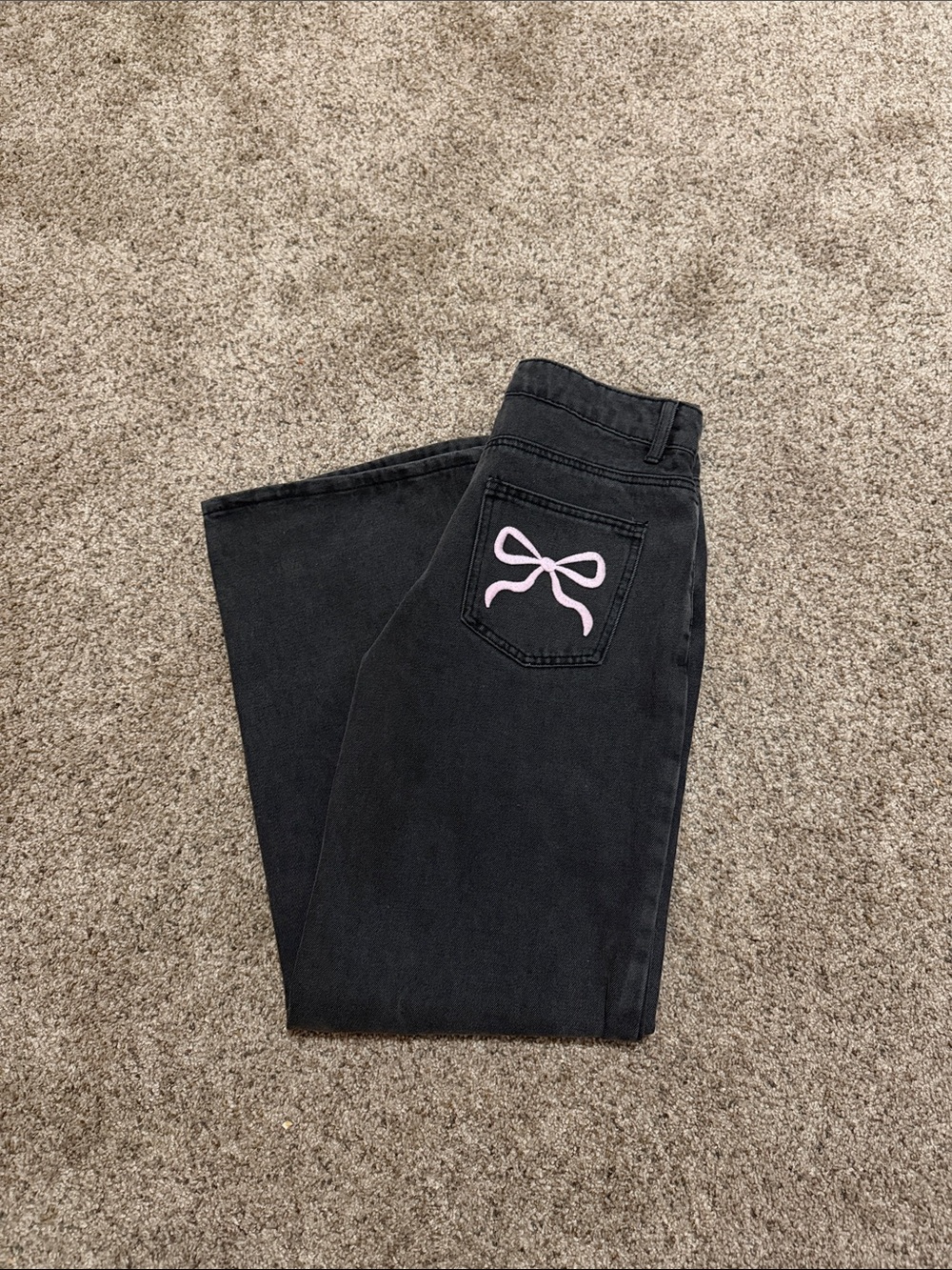 Women's Black High-Rise Jeans with Pink Bow Detail